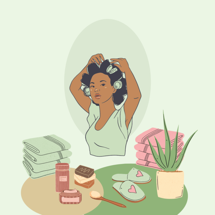 Image représentant une personne qui prend soin d'elle : bigoudis, crème, plantes...